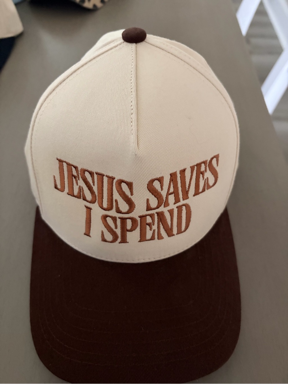 Beige and Brown 'Jesus Saves I Spend' Cap